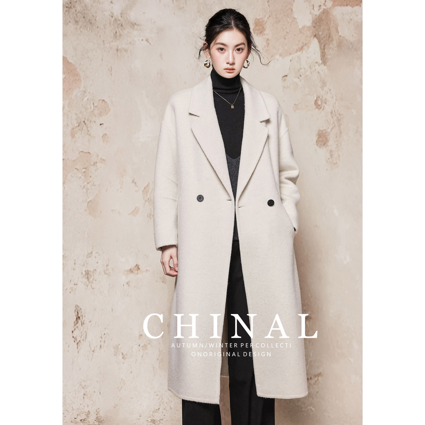 CHINAL冬新款极简风双排扣中长款羊毛呢外套女白色双面呢羊绒大衣