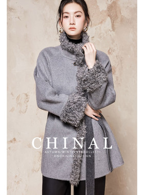 CHINAL冬装新款韩版时尚环保卷毛拼接中长款双面羊毛呢羊绒大衣女