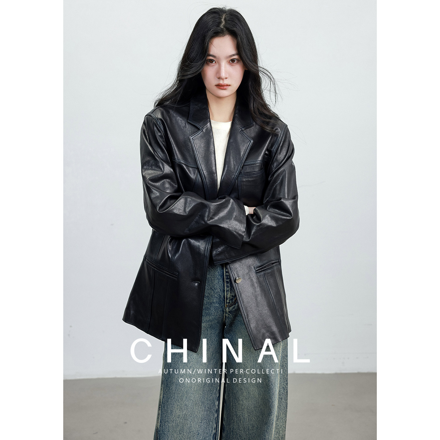 CHINA秋装新款进口植鞣油蜡/绵羊皮西装外套中长款真皮皮衣夹克女