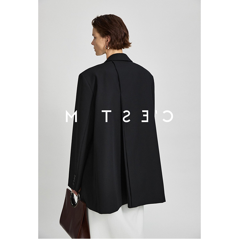 CHINAL秋装ROW意大利进口羊毛静奢风后叠叉中长款丝毛西装外套女