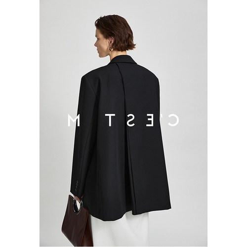 CHINAL秋装ROW意大利进口羊毛静奢风后叠叉中长款丝毛西装外套女