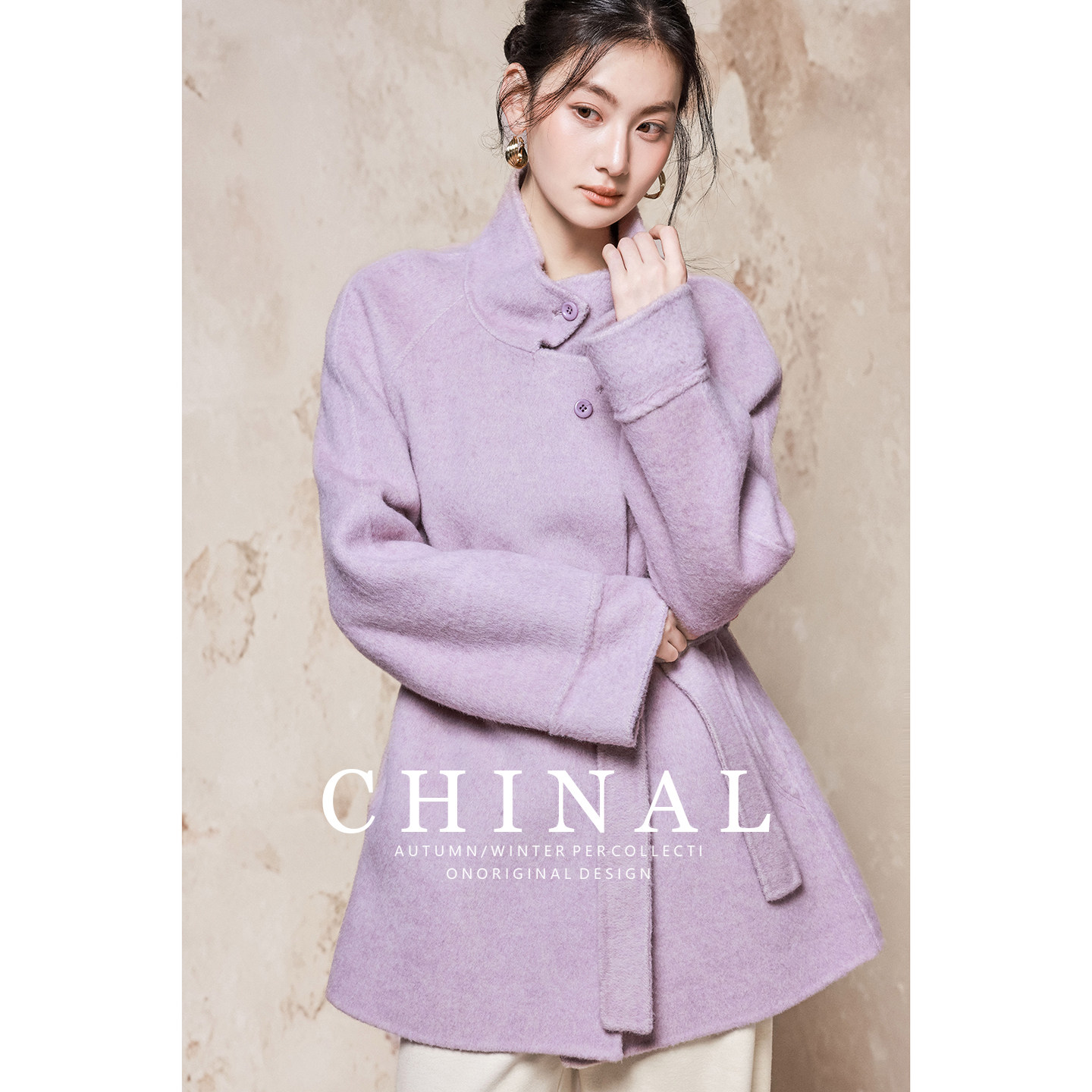 CHINAL冬装新款极简设计立领系带羊毛呢外套女双面呢子羊绒大衣