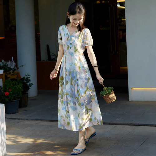 2025夏季新款韩版印花真丝短袖收腰连衣裙v领气质桑蚕丝长裙女