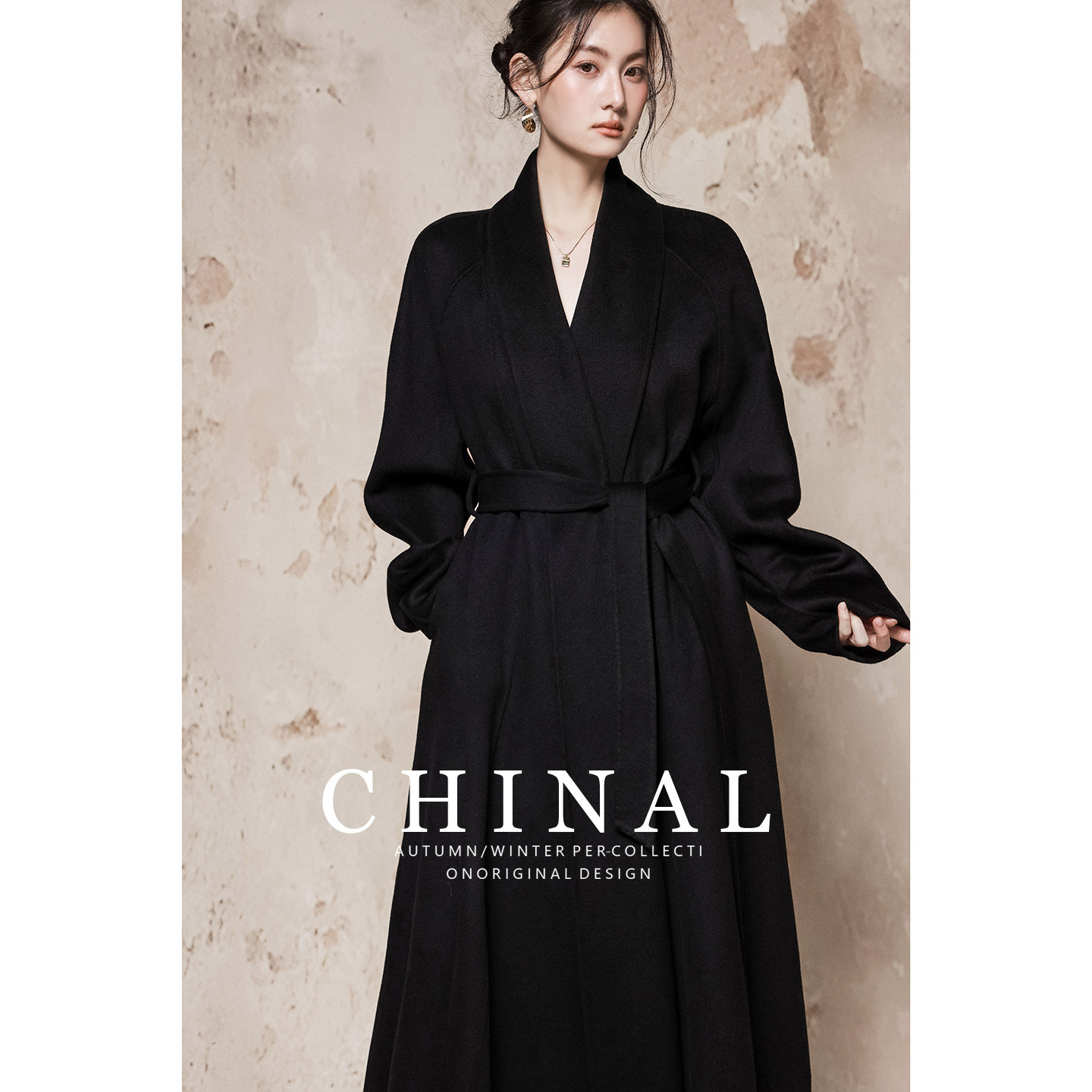 CHINAL冬装大牌风贵气中长款系带羊毛呢外套女黑色双面呢羊绒大衣