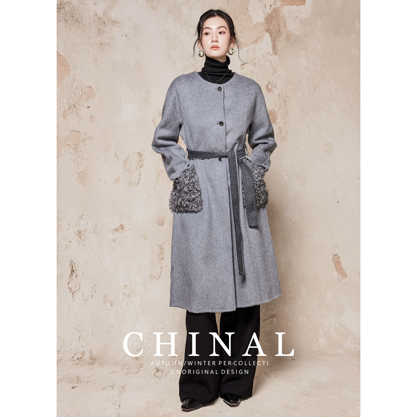 CHINAL冬装新款高端羊羔毛拼接中长款羊毛呢外套女双面呢羊绒大衣