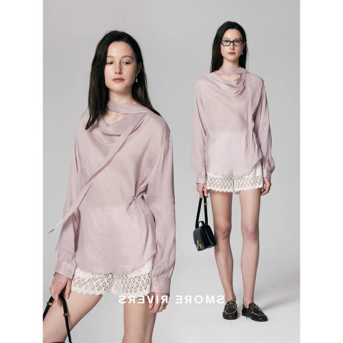 2026春装新款淑女风重磅朦胧透视感真丝亚麻荡领飘带长袖衬衫上衣