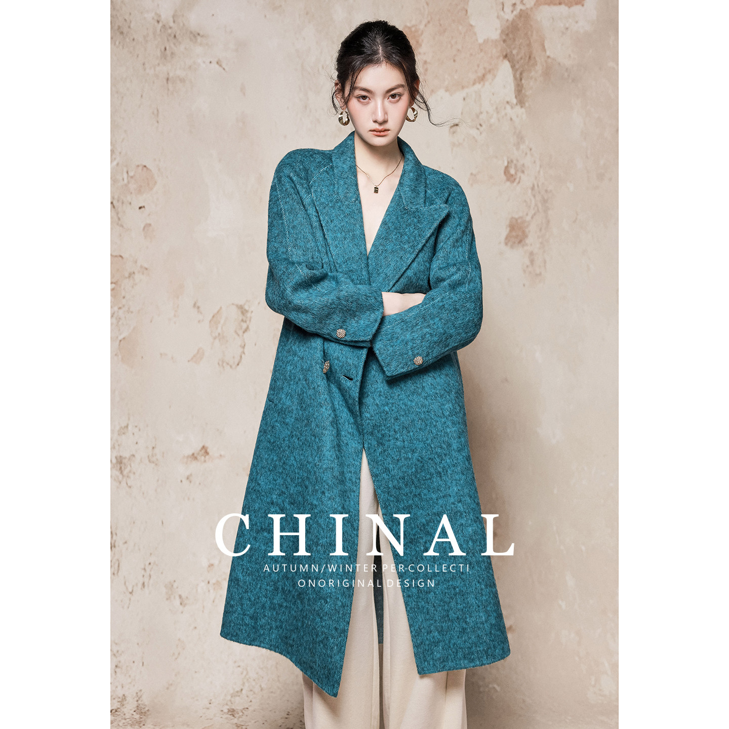 CHINAL冬新款极简中长款双排扣羊毛呢外套女蓝色双面呢绵羊毛大衣