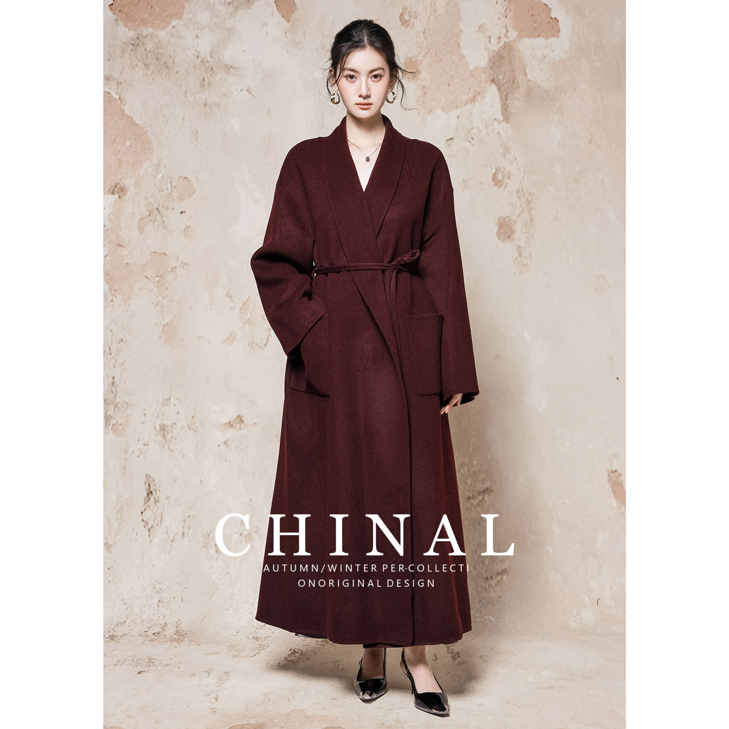 CHINAL冬装新款极简大牌风长款羊毛呢子外套女高端双面呢羊绒大衣