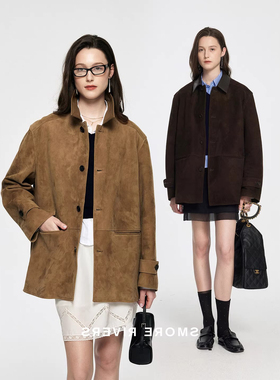 2026春装新款高级感时髦肯尼亚进口羊反绒麂皮拼皮领廓形皮衣外套