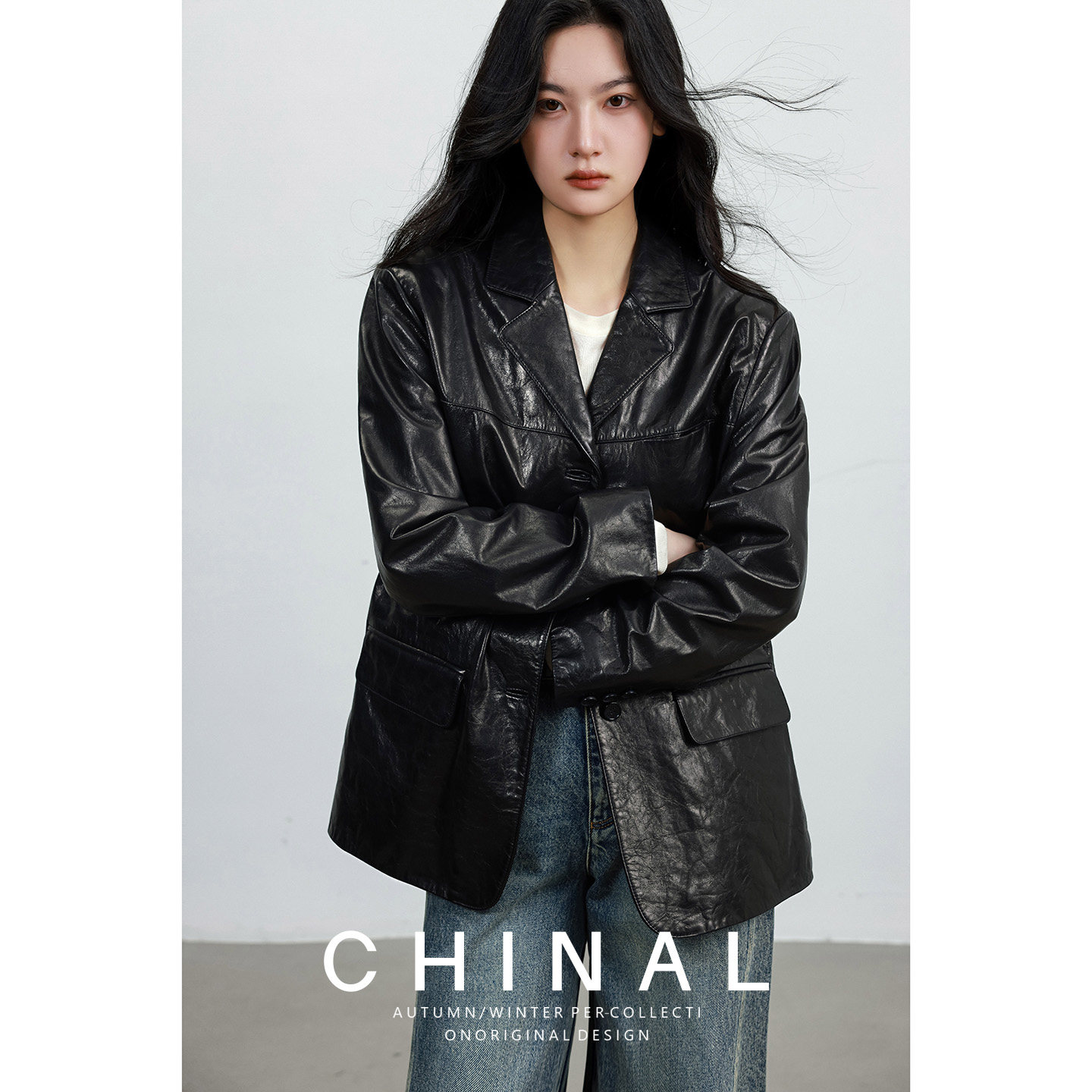 CHINA进口土耳其奢牌油蜡山羊皮VTG宽肩休闲西装真皮皮衣皮夹克女