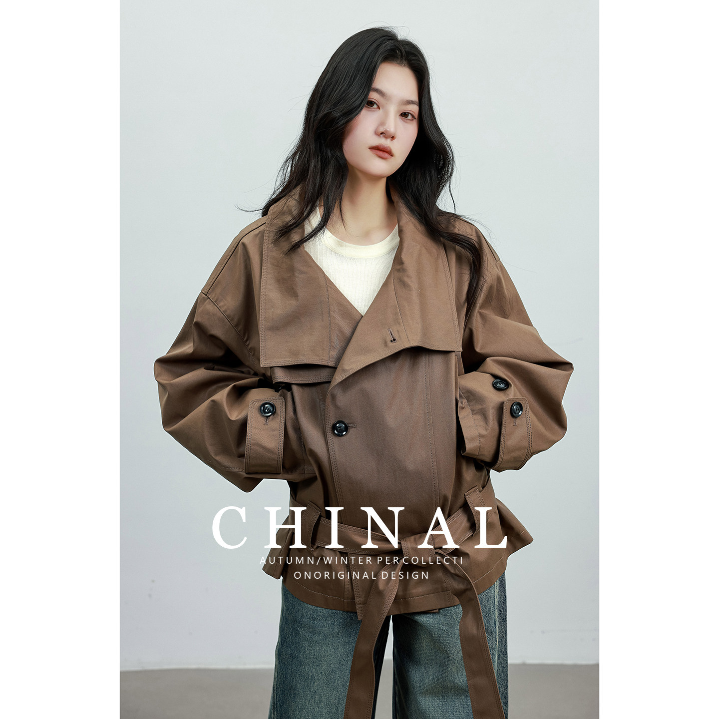CHINAL重磅推荐蜡质琥珀 重工100纯棉环葆微光立领短款风衣外套女