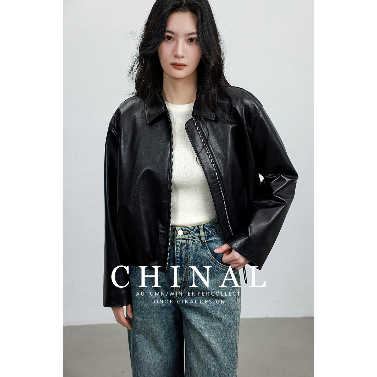 CHINAL复古油蜡感_A级无涂层轻油蜡绵羊皮廓形短款外套皮夹克女