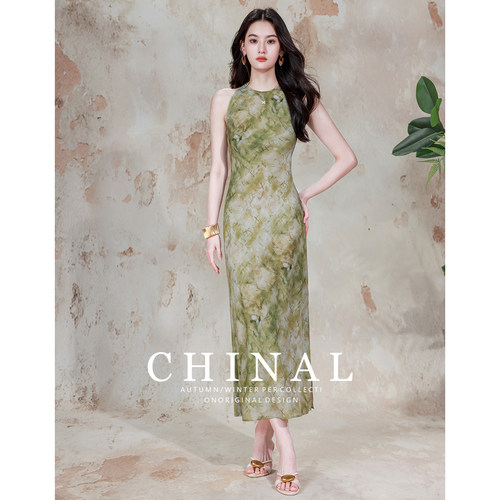 CHINA夏新款斜裁桑蚕丝连衣裙气质高级感显瘦挂脖印花真丝连衣裙