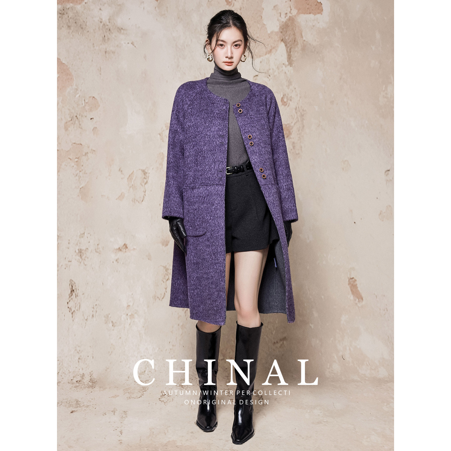 CHINAL冬装新款极简风时尚中长款羊毛呢外套女紫色双面呢羊绒大衣