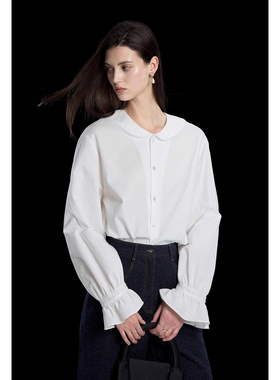 2026春装新款精致通勤日本进口埃及棉娃娃领法国蕾丝长袖衬衫衬衣