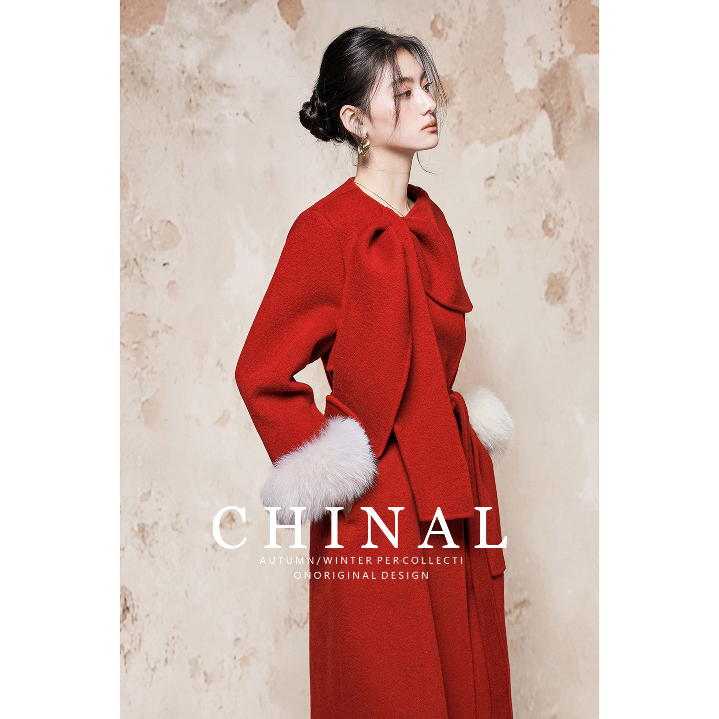 CHINAL冬新款高奢中长款毛呢红色外套狐狸毛袖双面羊绒呢子大衣女