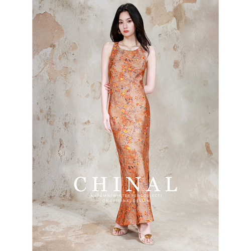 CHINAL夏季高端45度斜裁香云纱真丝连衣裙老钱复古碎花桑蚕丝长裙