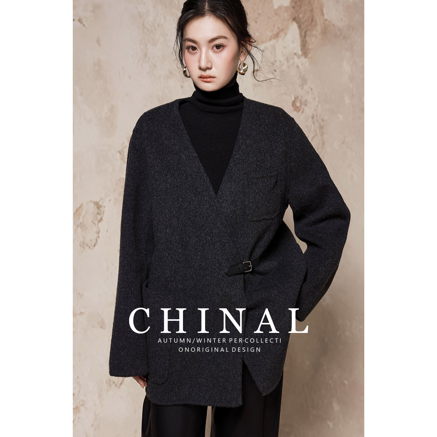 CHINAL冬装新款极简v领休闲绵羊毛呢子外套女灰色双面呢羊绒大衣