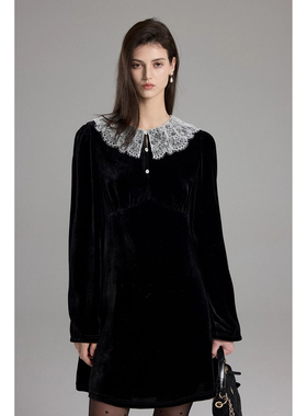 2026早春新款优雅通勤日本进口蕾丝复古真丝丝绒黑色娃娃领连衣裙