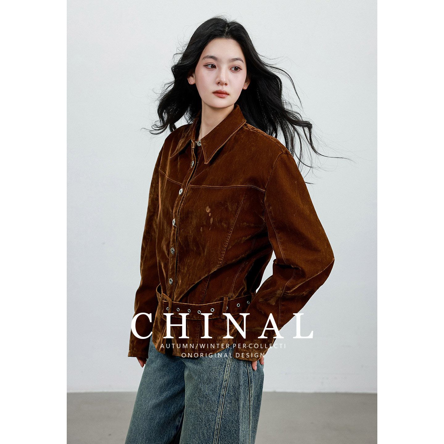 CHINAL重磅做旧植绒牛仔腰带长袖系带衬衫女洋气美拉德复古外套