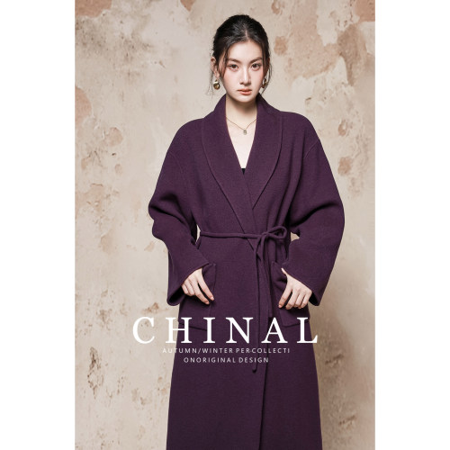 CHINA冬新款高端时尚系带中长款羊毛呢外套女紫色双面呢羊绒大衣