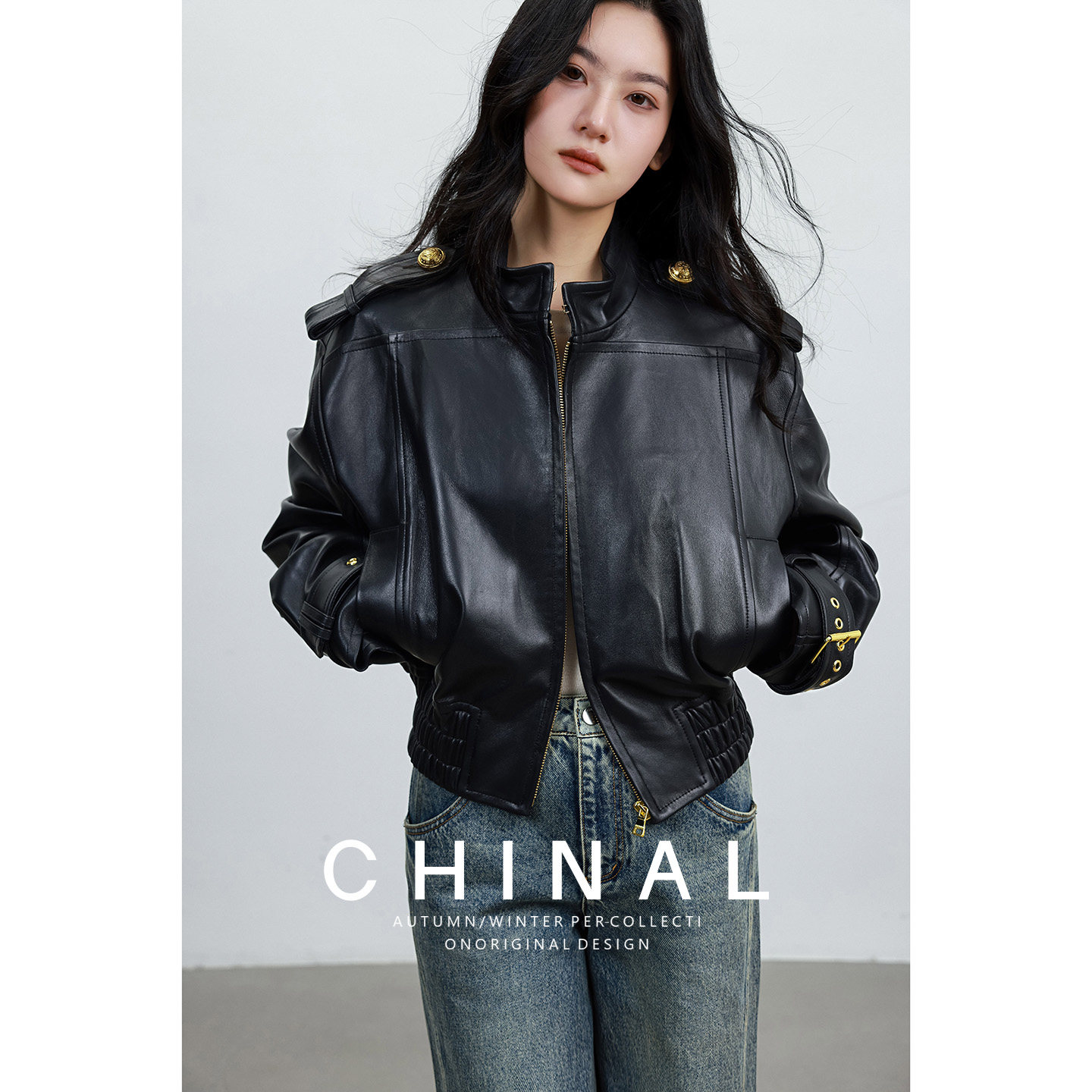 CHINA波曼摩登 真皮皮夹克短外套女高端拼接松紧腰羊皮黑色皮衣女