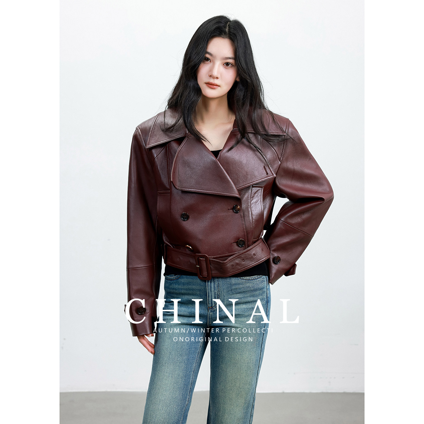 CHINAL秋装新款进口羊皮皮衣全植鞣绵羊皮翻领短款宽松复古外套女