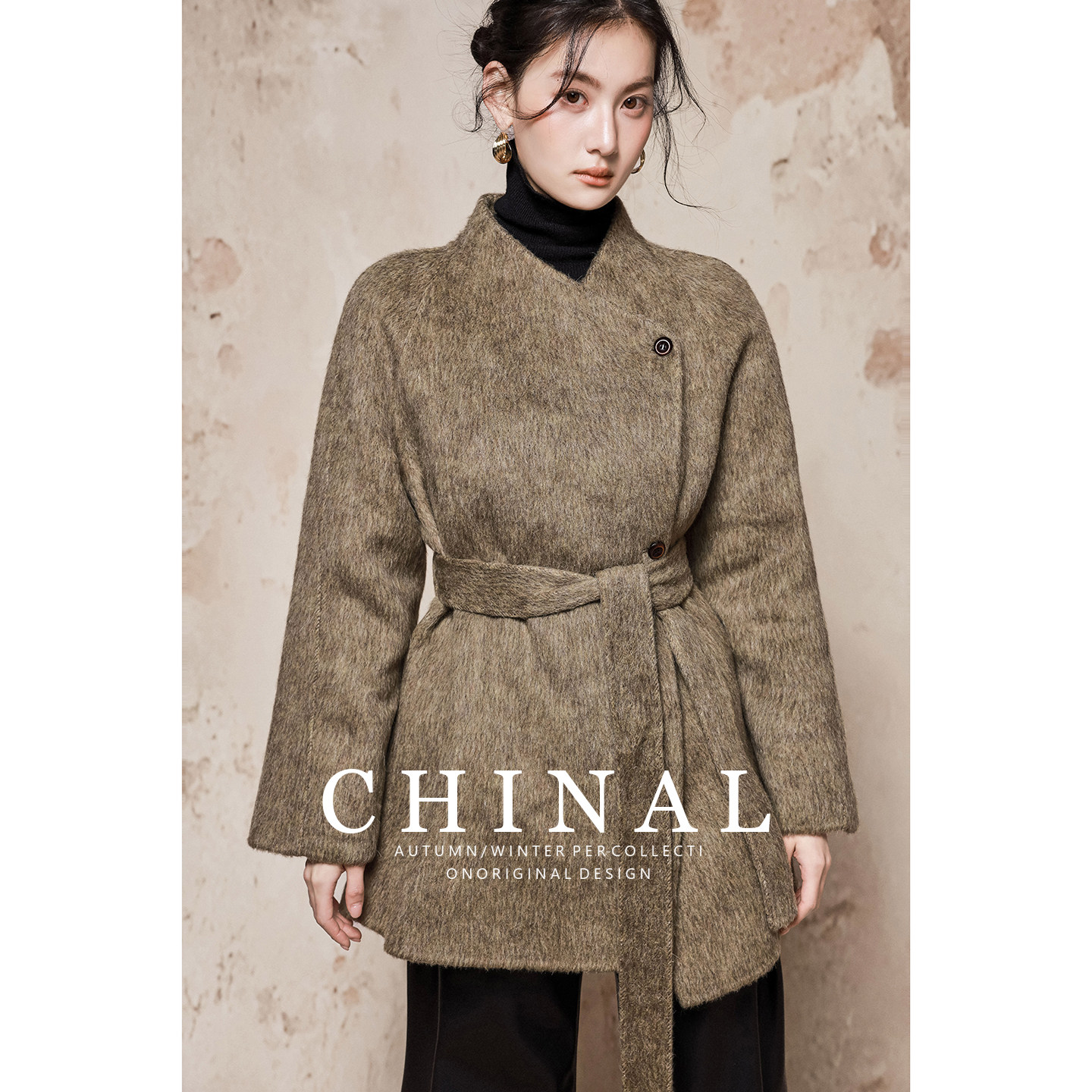 CHINA冬装新款韩版时尚显瘦系带羊毛呢外套高端双面呢羊绒大衣女