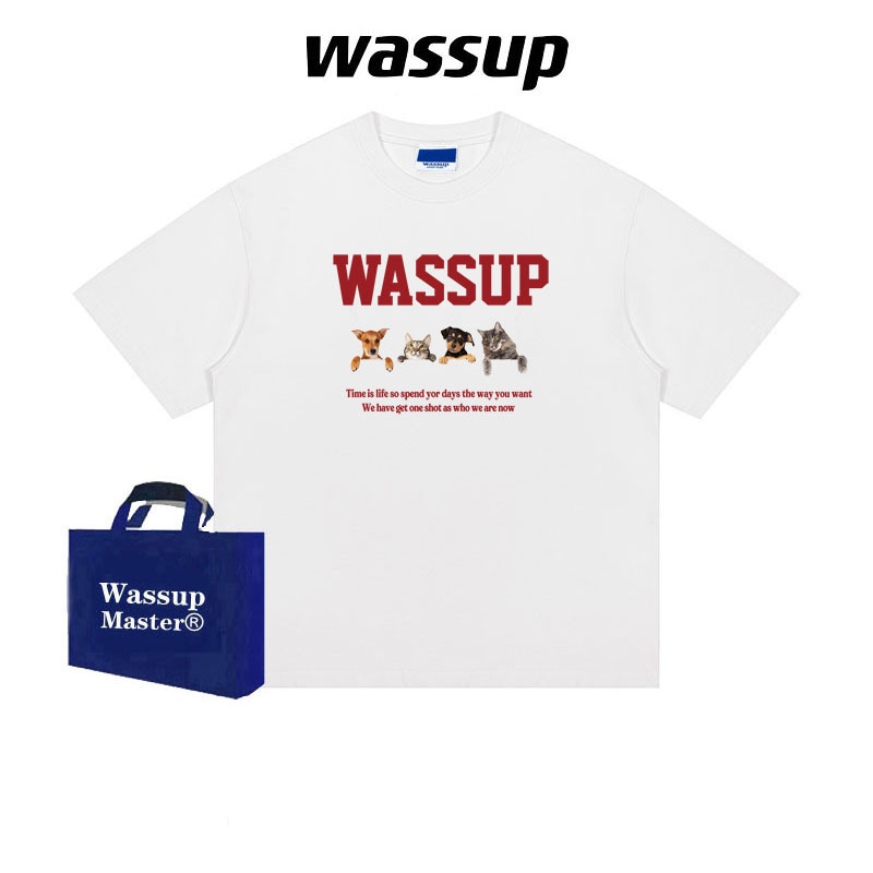 WASSUP短袖t恤男女趣味印花夏2025新款重磅纯棉情侣潮牌百搭上衣