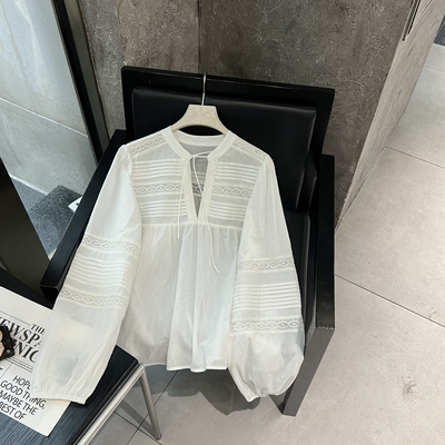 瑞瑞店26年春款南法度假风蕾丝拼接系带小衫YS1-DM26040401