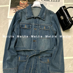 J779 配腰带 瑞瑞小众设计设计感拼接亚麻牛仔工装 外套牛仔外套