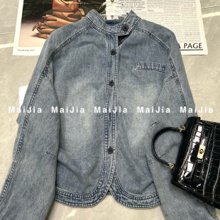 瑞瑞小众设计夏上新设计感小立领单排扣修身 显瘦牛仔外套J753