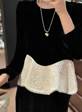 瑞瑞26年早春法式气质钉珠丝绒拼接小衫SY264