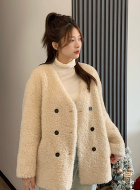 瑞瑞扣V领颗粒皮毛一体保暖高级大衣羊毛外套(含100羊毛)T26061