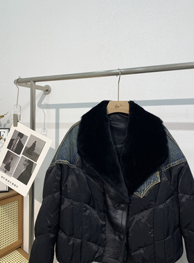 瑞瑞鹅绒服2025新款牛仔鹅绒服假两件保暖羽绒服外套瑞瑞98028