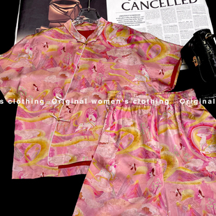 DX943 两件套套装 瑞瑞家九色鹿红云人丝香云纱小衫 宽松休闲短裤