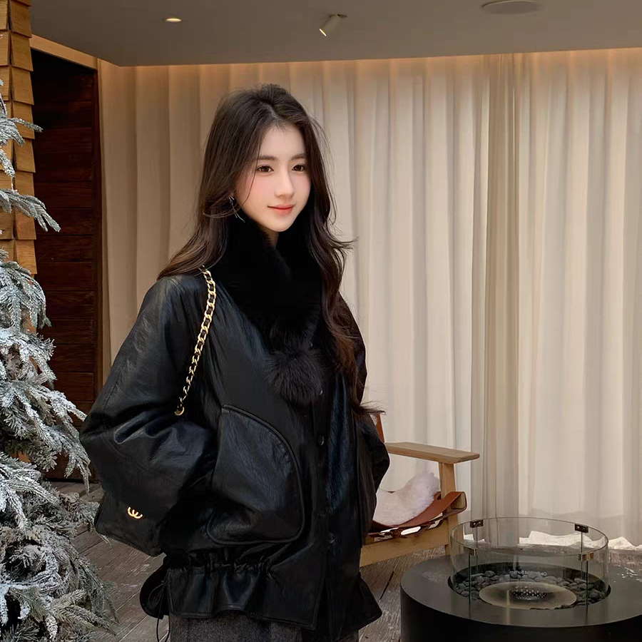 瑞瑞灯笼袖抽绳皮衣保暖羽绒服外套(配可拆卸真狐狸毛围脖)21857
