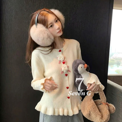 7 瑞瑞家针织开襟衫新款撞色爱心单排扣针织开衫HAM+DH3M00696