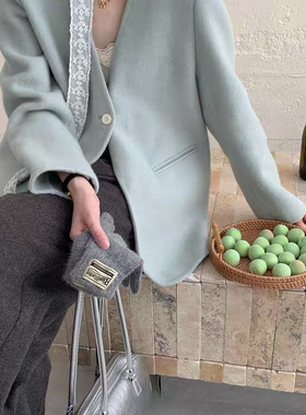 瑞瑞一粒扣气质显瘦羊毛外套(配蕾丝刺绣飘带)(含70.2羊毛)B017