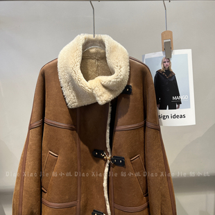 瑞瑞小众设计皮毛一体翻领立领皮扣宽松外套皮毛一体DXJDD2508