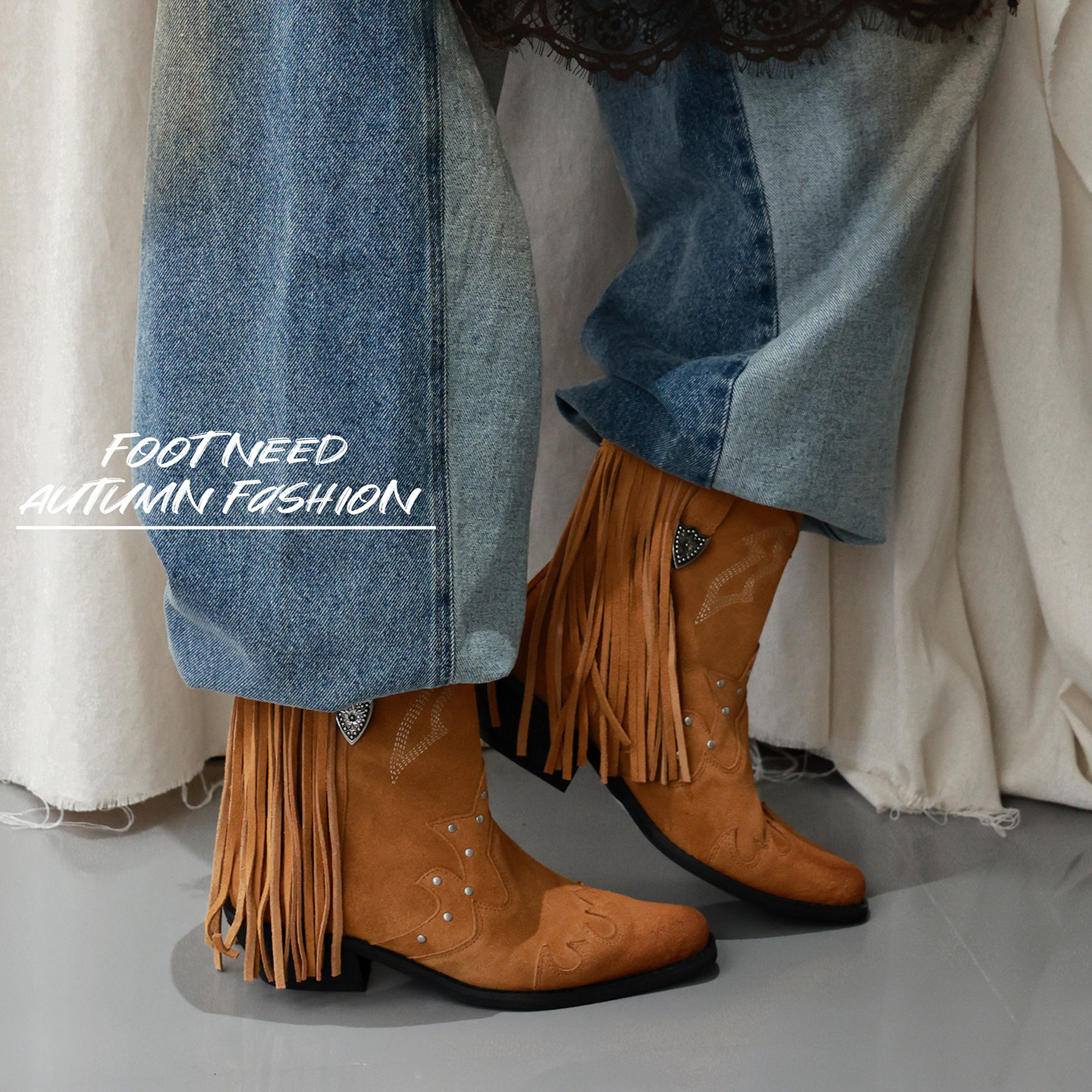 欧洲站2025秋季新款欧货反绒真皮拼接铆钉时尚流苏个性时装骑士靴,女鞋,时装靴,淘宝优惠券,粉丝福利购,淘宝优惠卷