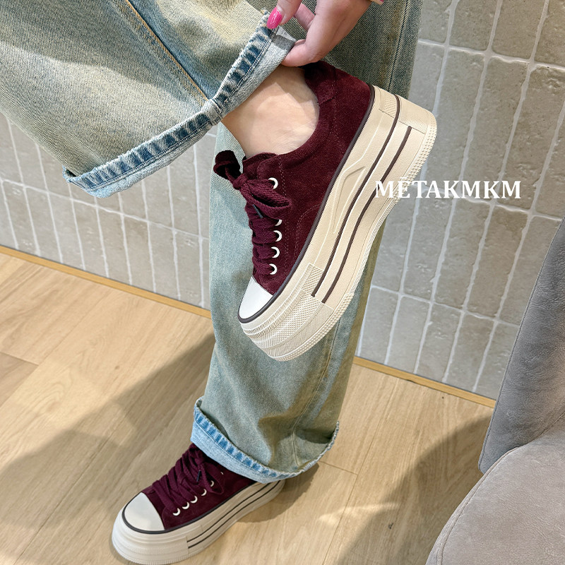 欧洲站酒红松糕增高系带板鞋女