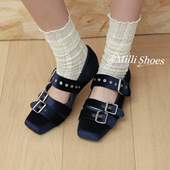 欧洲站2025秋季 芭蕾风复古方头浅口单鞋 新品 欧货金丝绒皮带扣时尚