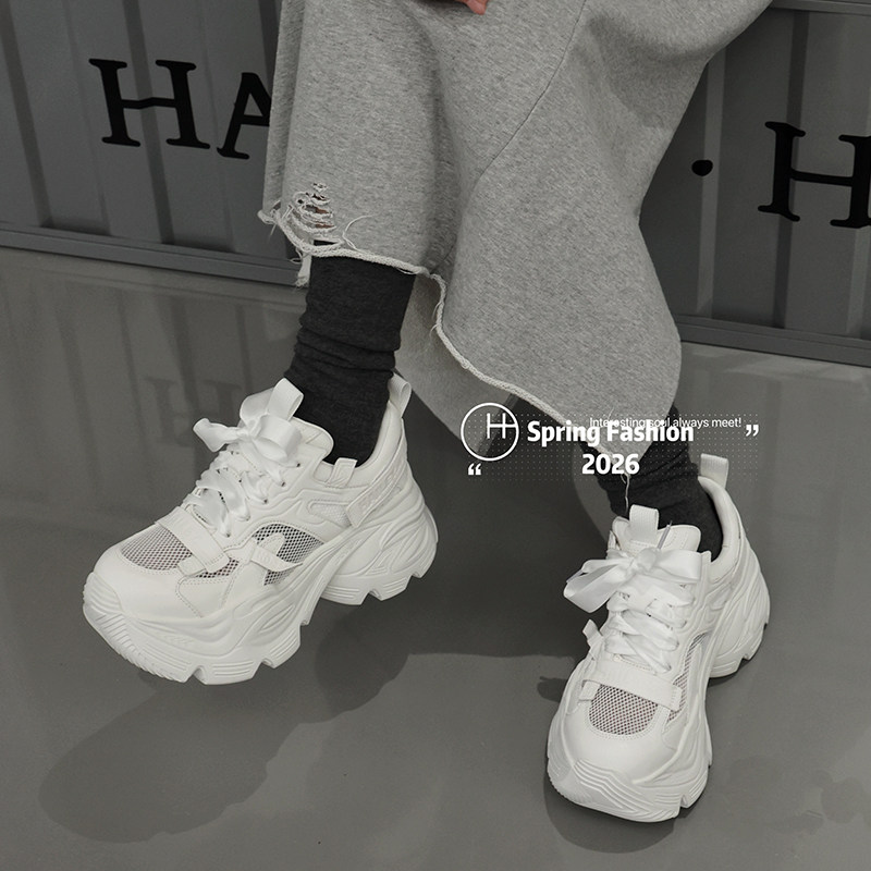 欧洲站2026春夏新款欧货真皮松糕厚底网面透气休闲增高老爹鞋女潮