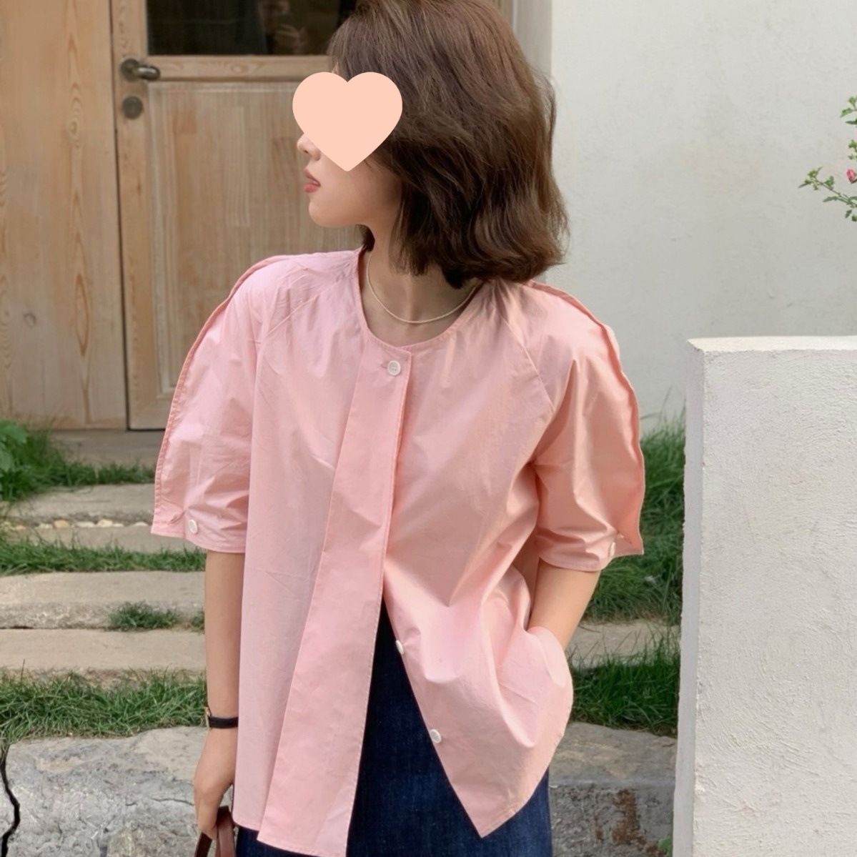 粉色立体包边设计灯笼袖挺括衬衫女2025年夏显瘦简约气质短袖