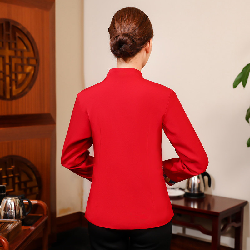 中式酒店服务员工作服长袖女餐饮茶楼火锅饭店员工制服秋冬装定制