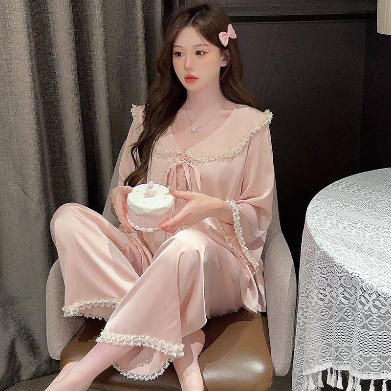 冰雪丝睡衣女夏季花边新款蕾丝长袖长裤2026甜美高级感家居服套装