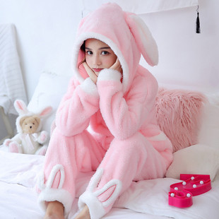 珊瑚绒睡衣女秋冬季学生连帽加厚毛茸茸可爱兔子保暖家居服可外穿