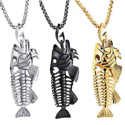 Vintage fishbone titanium steel pendant necklace with perso