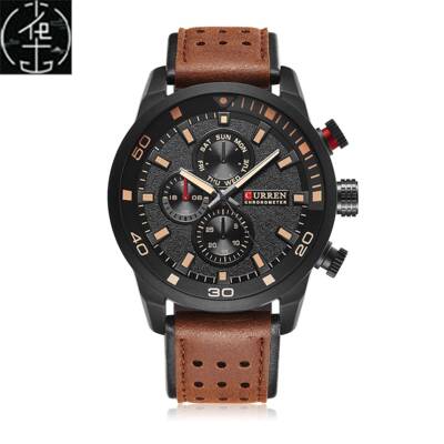 Qurtz wrist wtch men lether strp round wtch皮手表个性